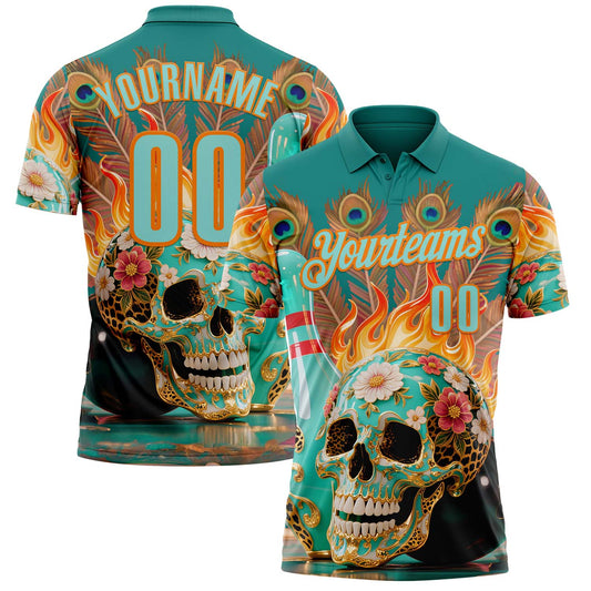 Custom Blue Ice Blue-Bay Orange 3D Peacock Flame Skull Bowling Performance Polo Shirt - Main View