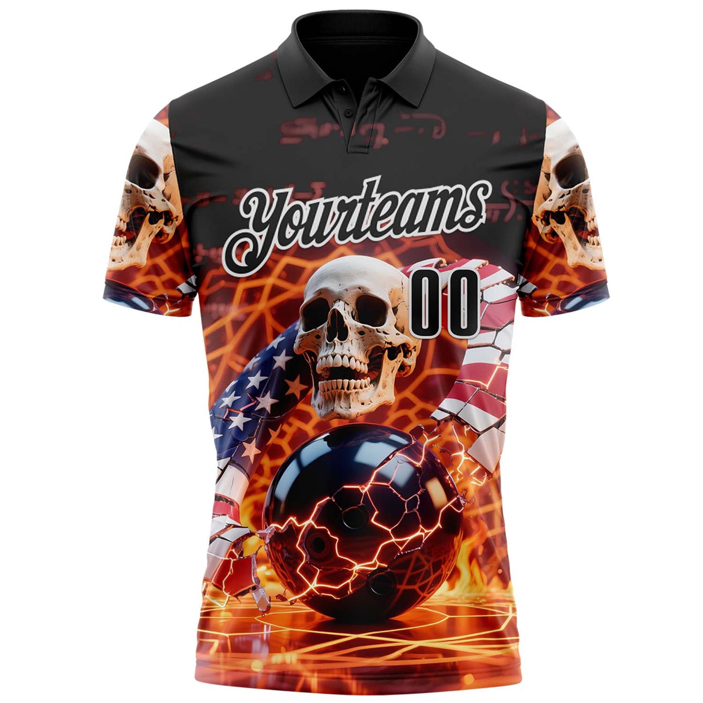 Custom Black White 3D American Flag Flame Lightning Skull Bowling Performance Polo Shirt view 2
