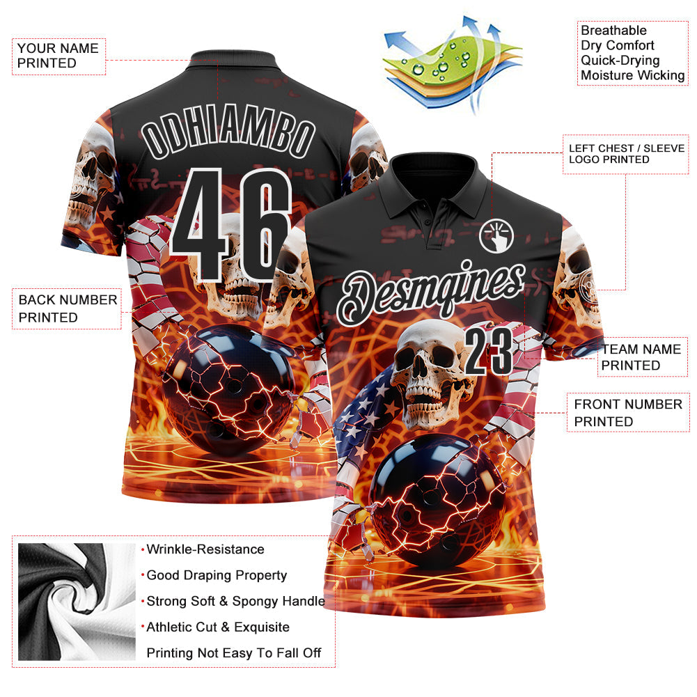 Custom Black White 3D American Flag Flame Lightning Skull Bowling Performance Polo Shirt view 3