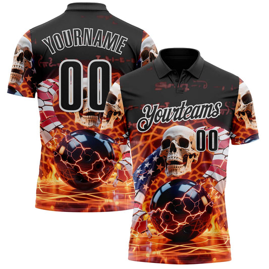 Custom Black White 3D American Flag Flame Lightning Skull Bowling Performance Polo Shirt - Main View