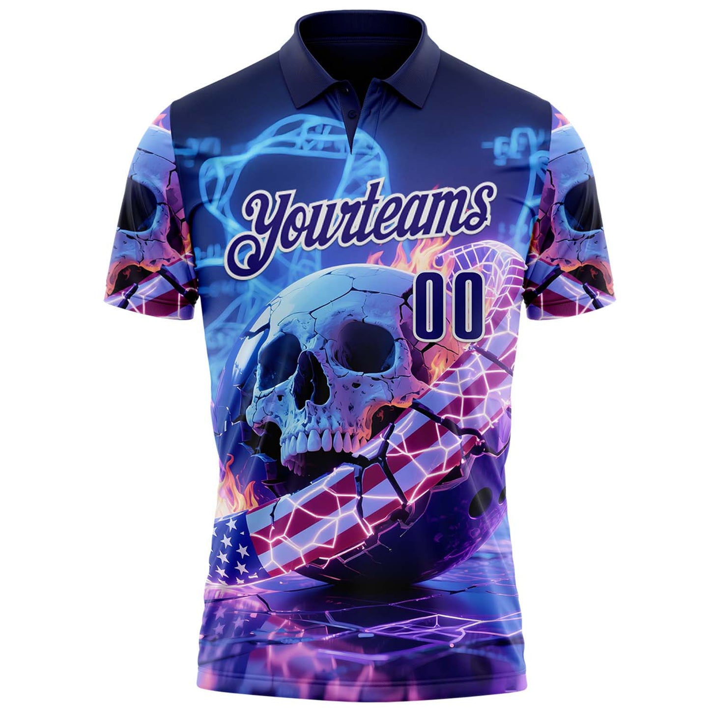 Custom Navy Dark Purple-White 3D American Flag Flame Lightning Skull Bowling Performance Polo Shirt view 2