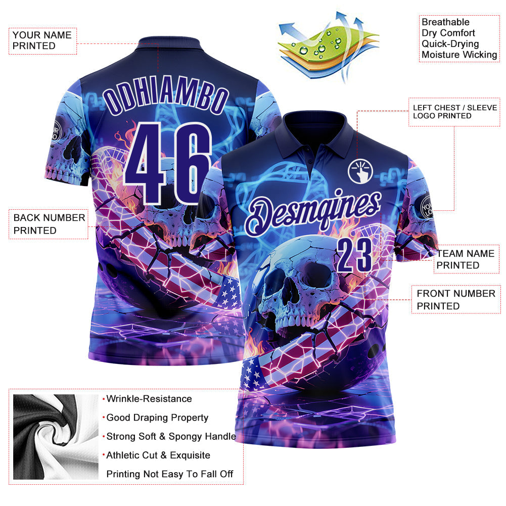 Custom Navy Dark Purple-White 3D American Flag Flame Lightning Skull Bowling Performance Polo Shirt view 3