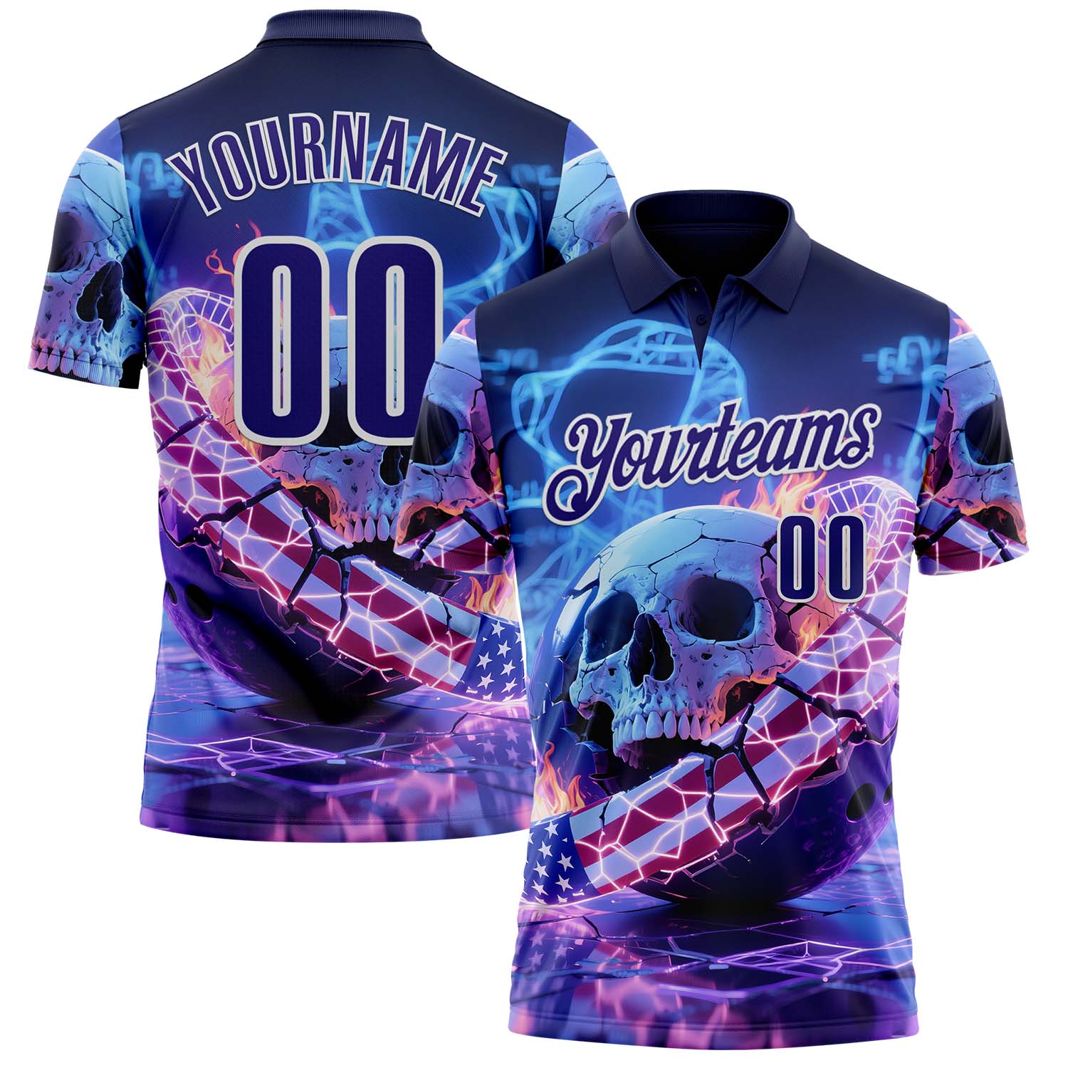 Custom Navy Dark Purple-White 3D American Flag Flame Lightning Skull Bowling Performance Polo Shirt - Main View