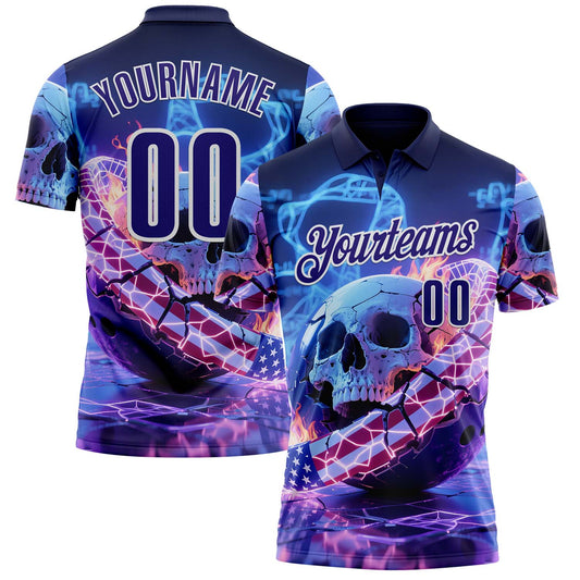 Custom Navy Dark Purple-White 3D American Flag Flame Lightning Skull Bowling Performance Polo Shirt - Main View