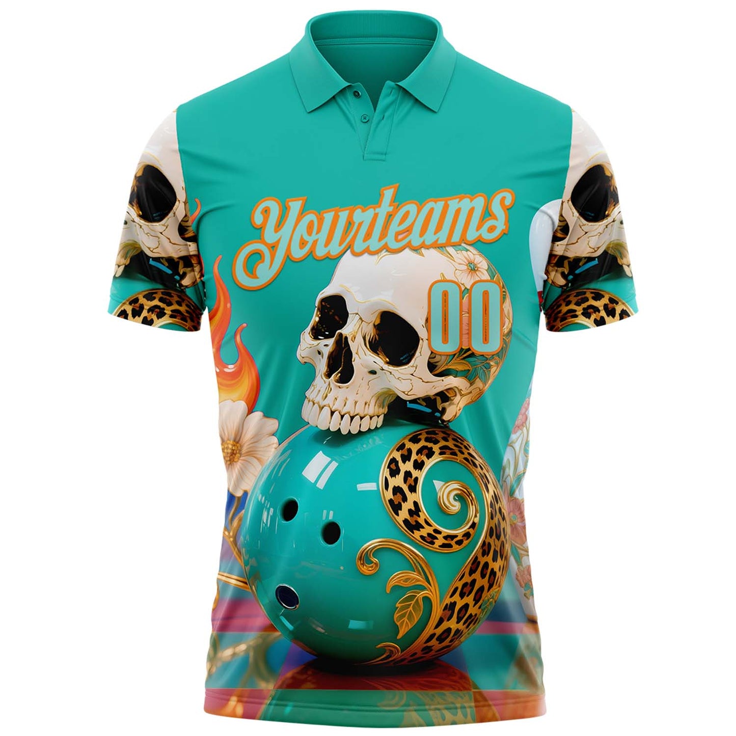Custom Blue Ice Blue-Bay Orange 3D Floral Leopard Print Flame Skull Bowling Performance Polo Shirt view 2