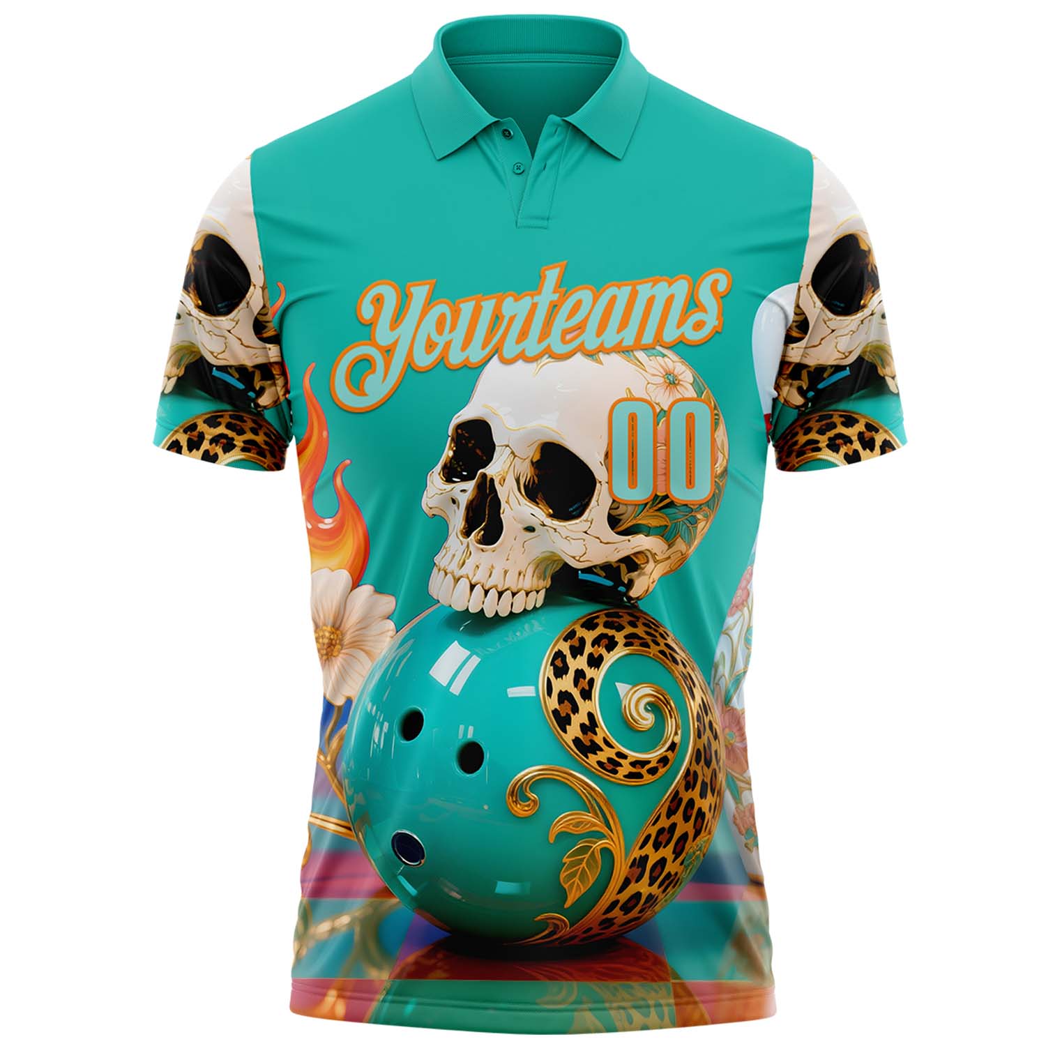Custom Blue Ice Blue-Bay Orange 3D Floral Leopard Print Flame Skull Bowling Performance Polo Shirt view 2