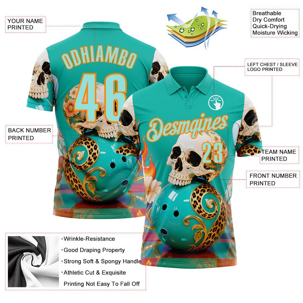 Custom Blue Ice Blue-Bay Orange 3D Floral Leopard Print Flame Skull Bowling Performance Polo Shirt view 3