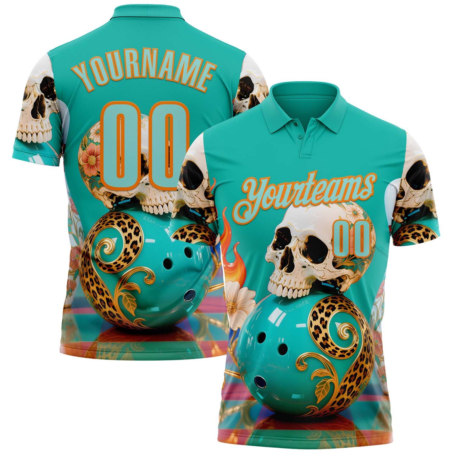 Custom Blue Ice Blue-Bay Orange 3D Floral Leopard Print Flame Skull Bowling Performance Polo Shirt - Main View