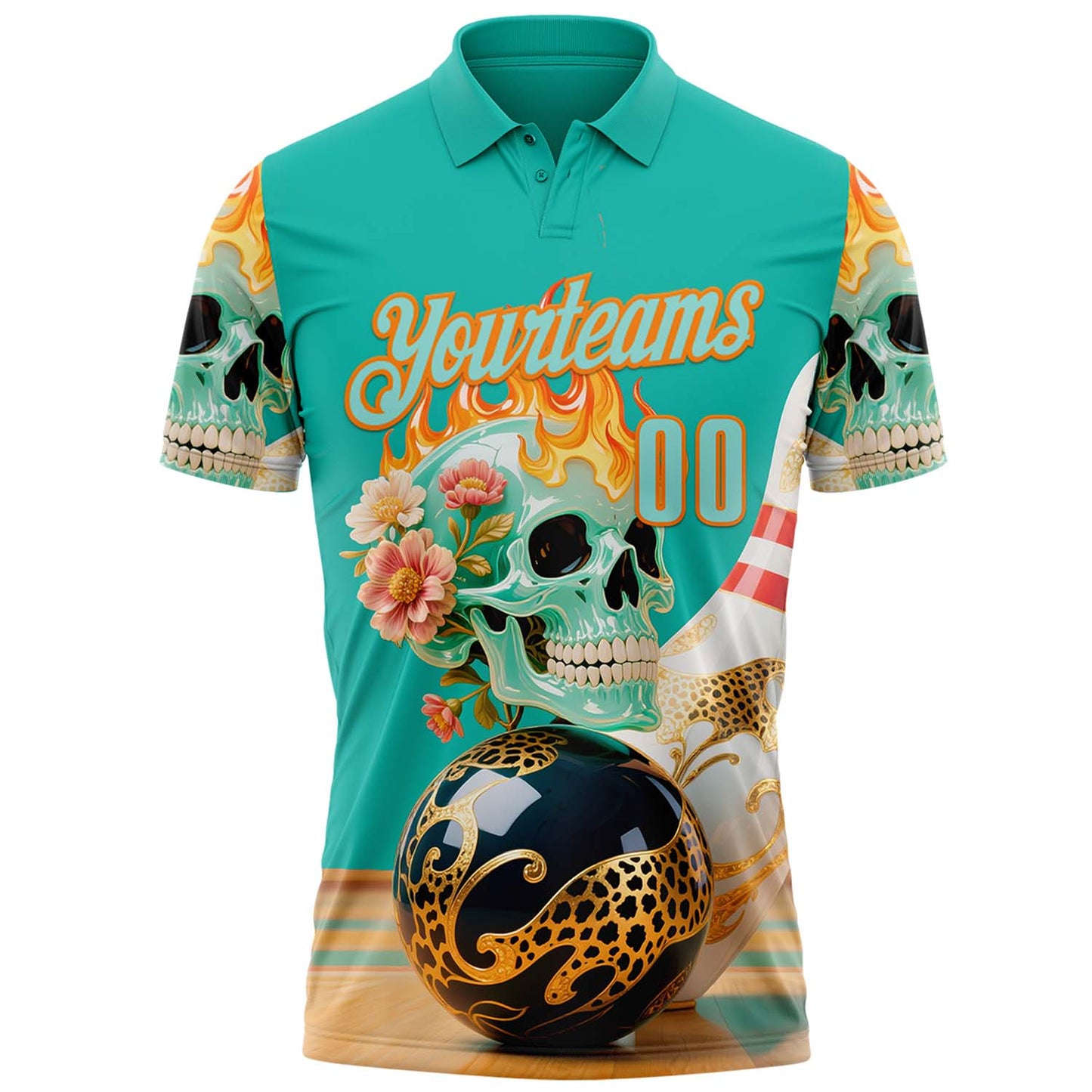 Custom Blue Ice Blue-Bay Orange 3D Floral Leopard Print Flame Skull Bowling Performance Polo Shirt view 2