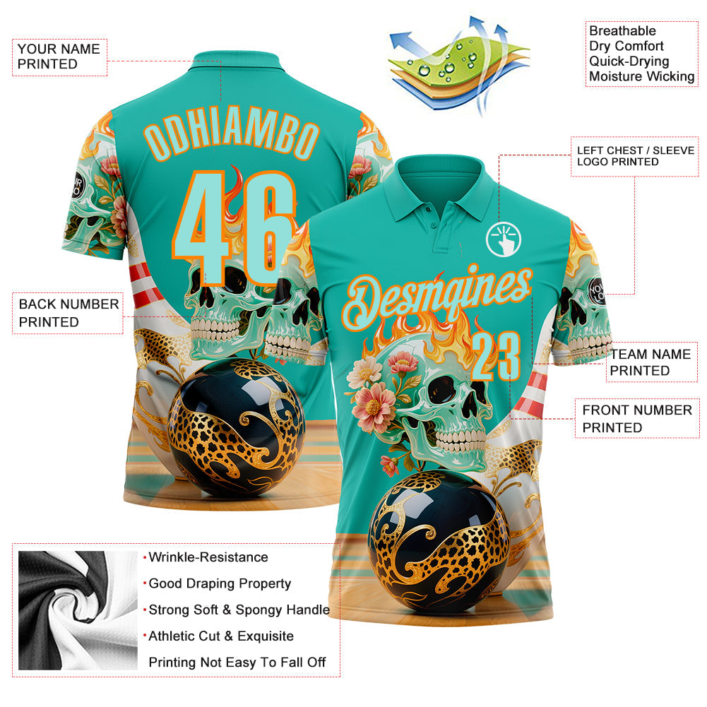 Custom Blue Ice Blue-Bay Orange 3D Floral Leopard Print Flame Skull Bowling Performance Polo Shirt view 3