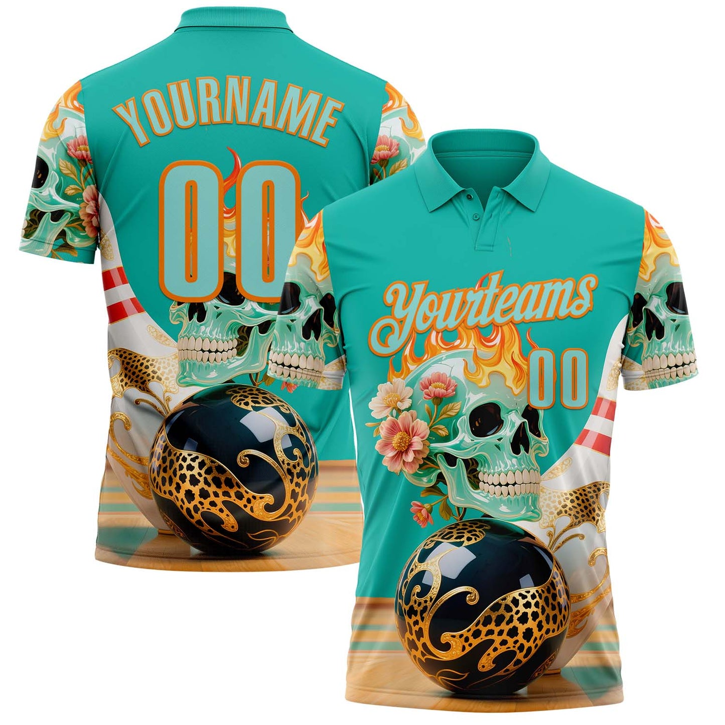 Custom Blue Ice Blue-Bay Orange 3D Floral Leopard Print Flame Skull Bowling Performance Polo Shirt - Main View