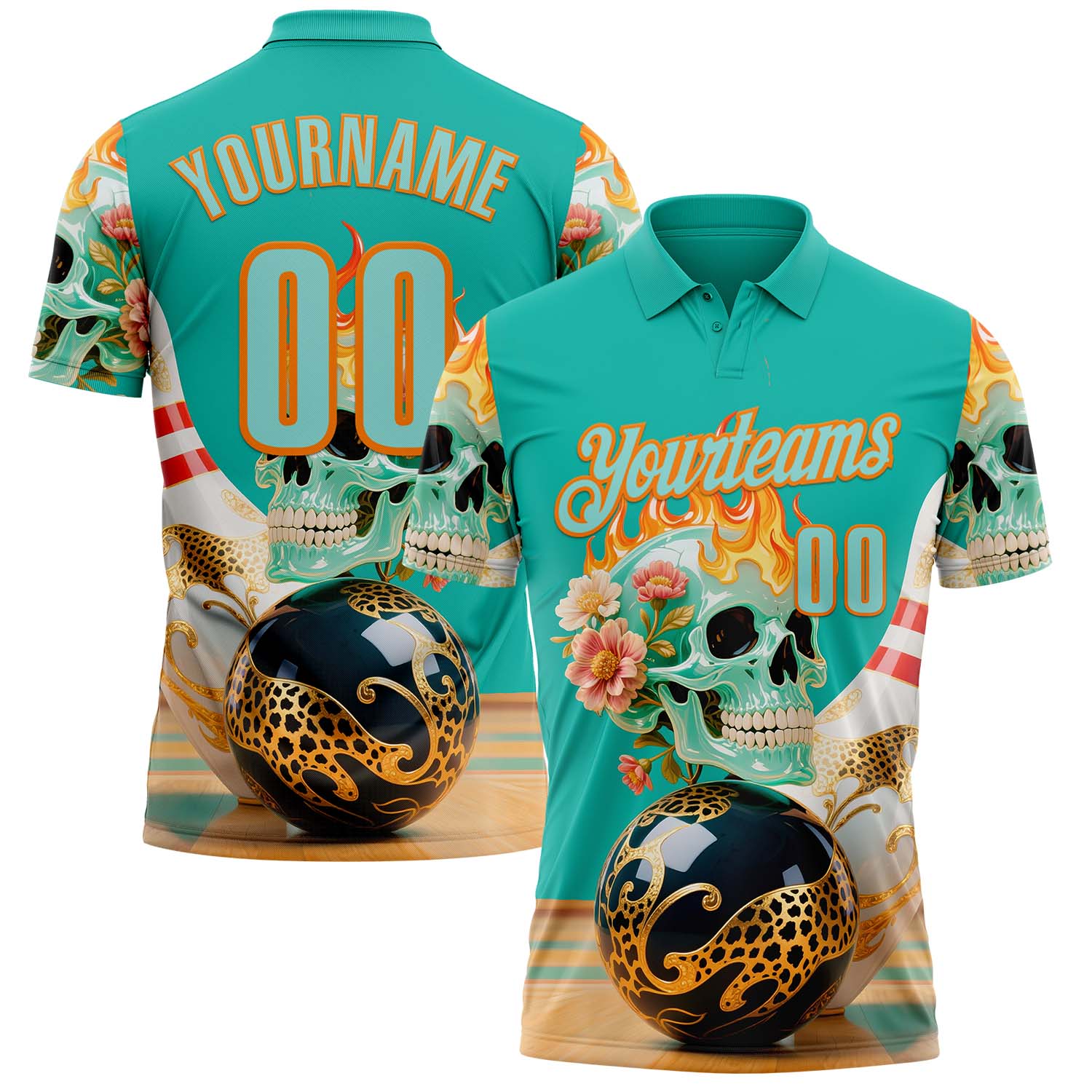 Custom Blue Ice Blue-Bay Orange 3D Floral Leopard Print Flame Skull Bowling Performance Polo Shirt - Main View