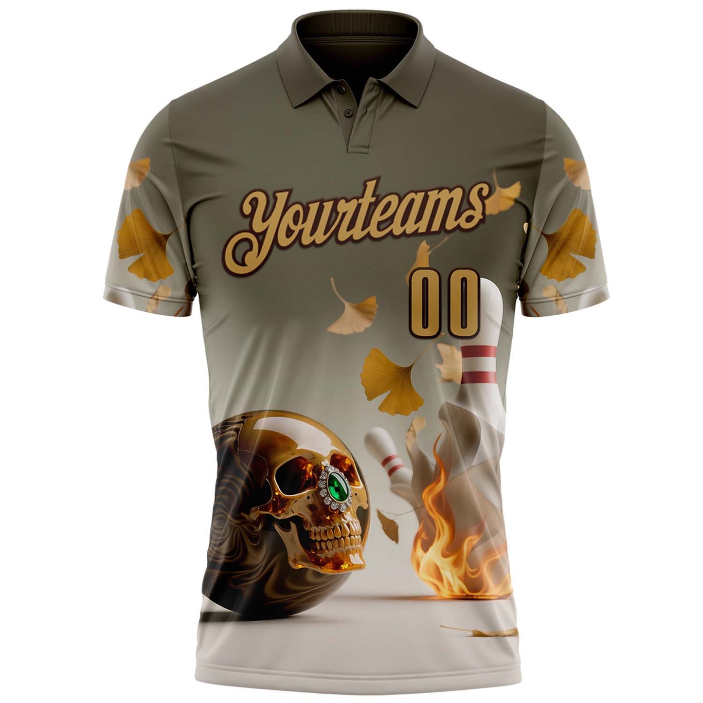 Custom Gray Old Gold-Brown 3D Flame Gem Skull Bowling Performance Polo Shirt view 2