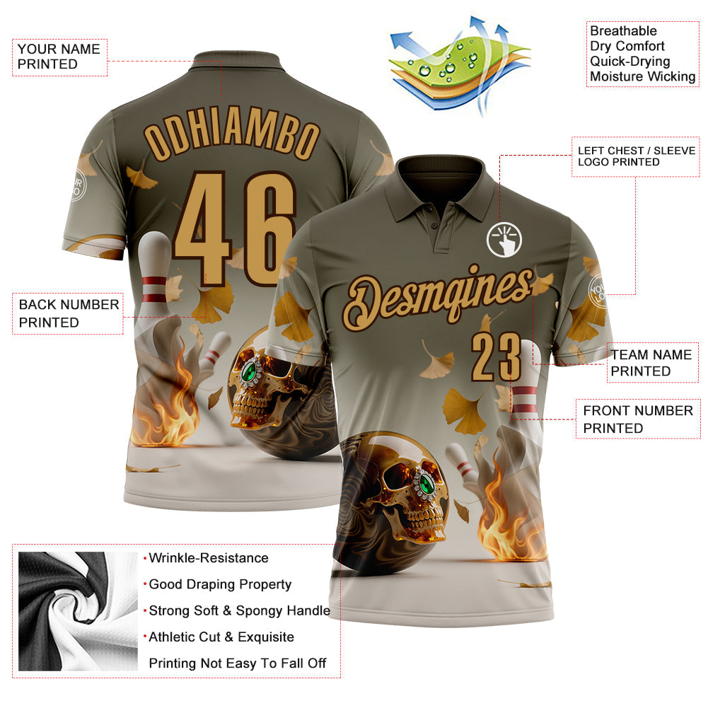 Custom Gray Old Gold-Brown 3D Flame Gem Skull Bowling Performance Polo Shirt view 3