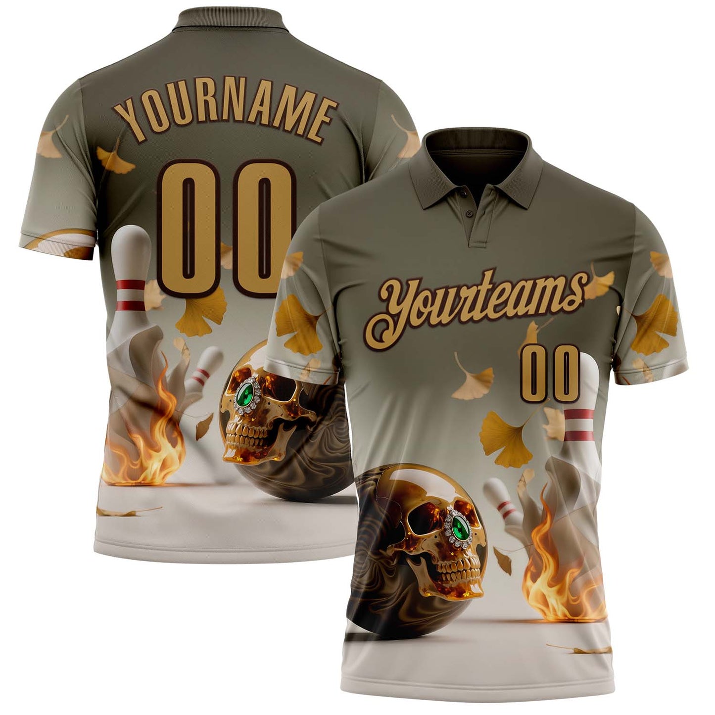 Custom Gray Old Gold-Brown 3D Flame Gem Skull Bowling Performance Polo Shirt - Main View