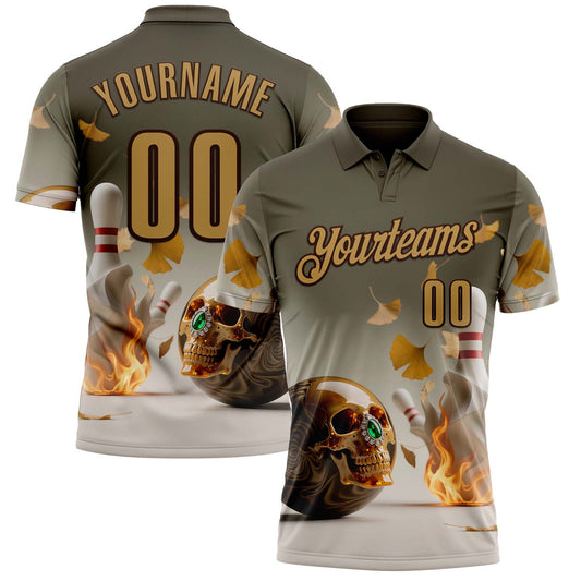 Custom Gray Old Gold-Brown 3D Flame Gem Skull Bowling Performance Polo Shirt - Main View