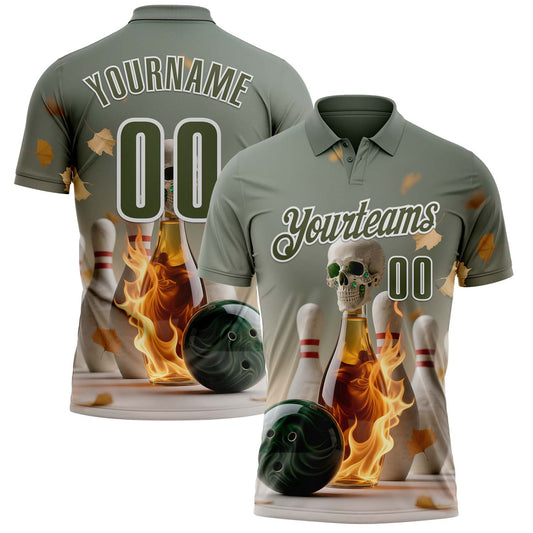 Custom Gray Olive-White 3D Flame Gem Skull Bowling Performance Polo Shirt - Main View