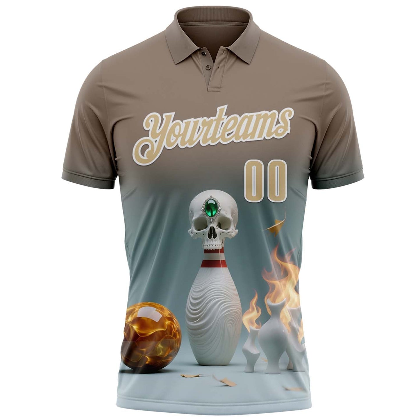 Custom Gray Vegas Gold-White 3D Flame Gem Skull Bowling Performance Polo Shirt view 2