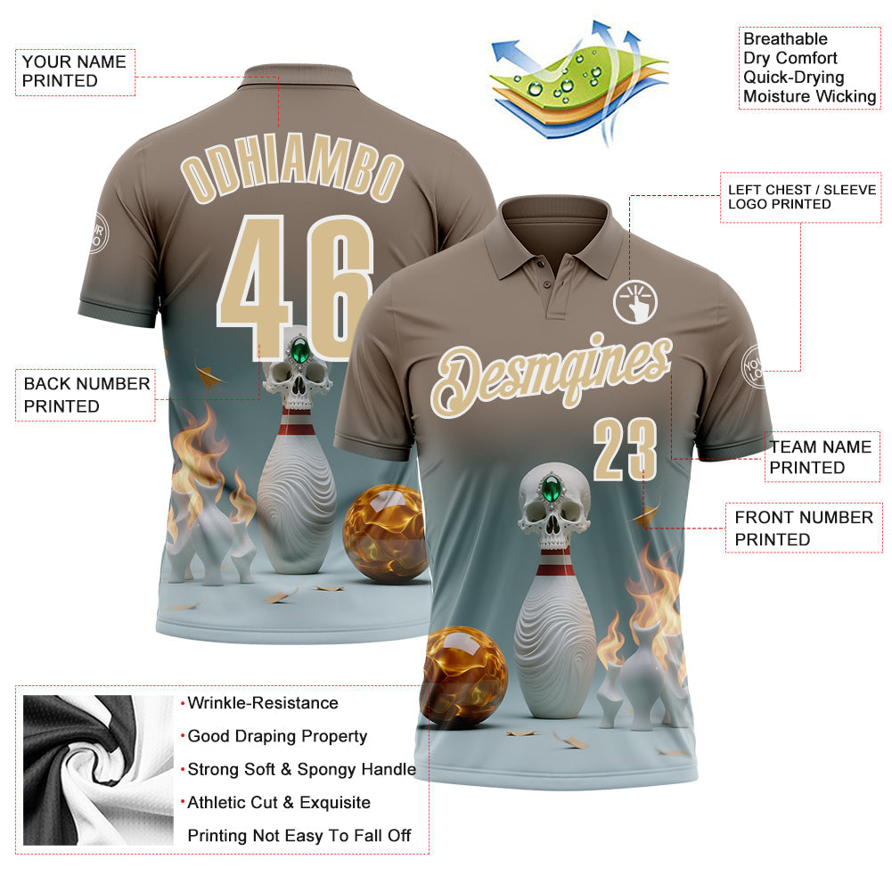 Custom Gray Vegas Gold-White 3D Flame Gem Skull Bowling Performance Polo Shirt view 3
