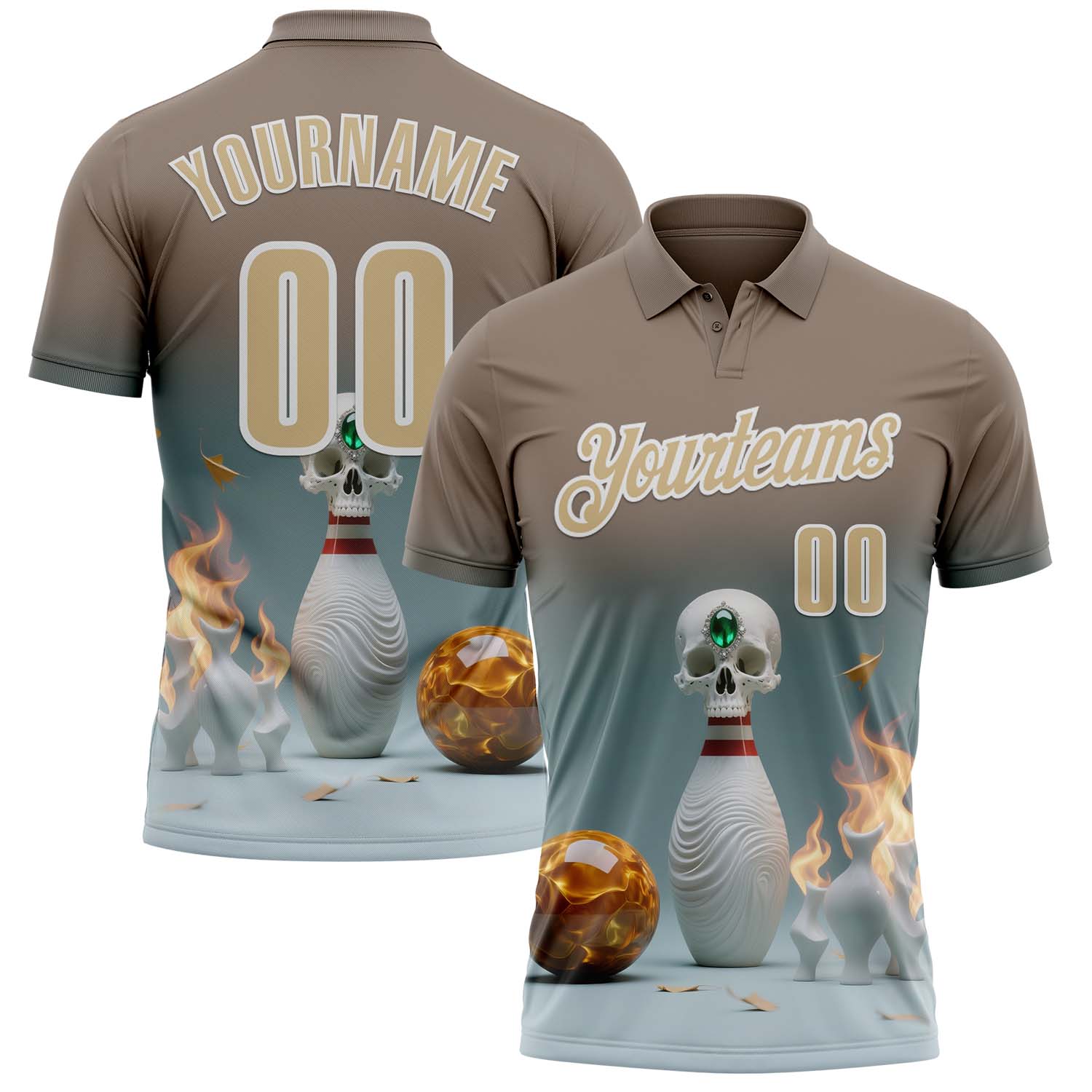Custom Gray Vegas Gold-White 3D Flame Gem Skull Bowling Performance Polo Shirt - Main View