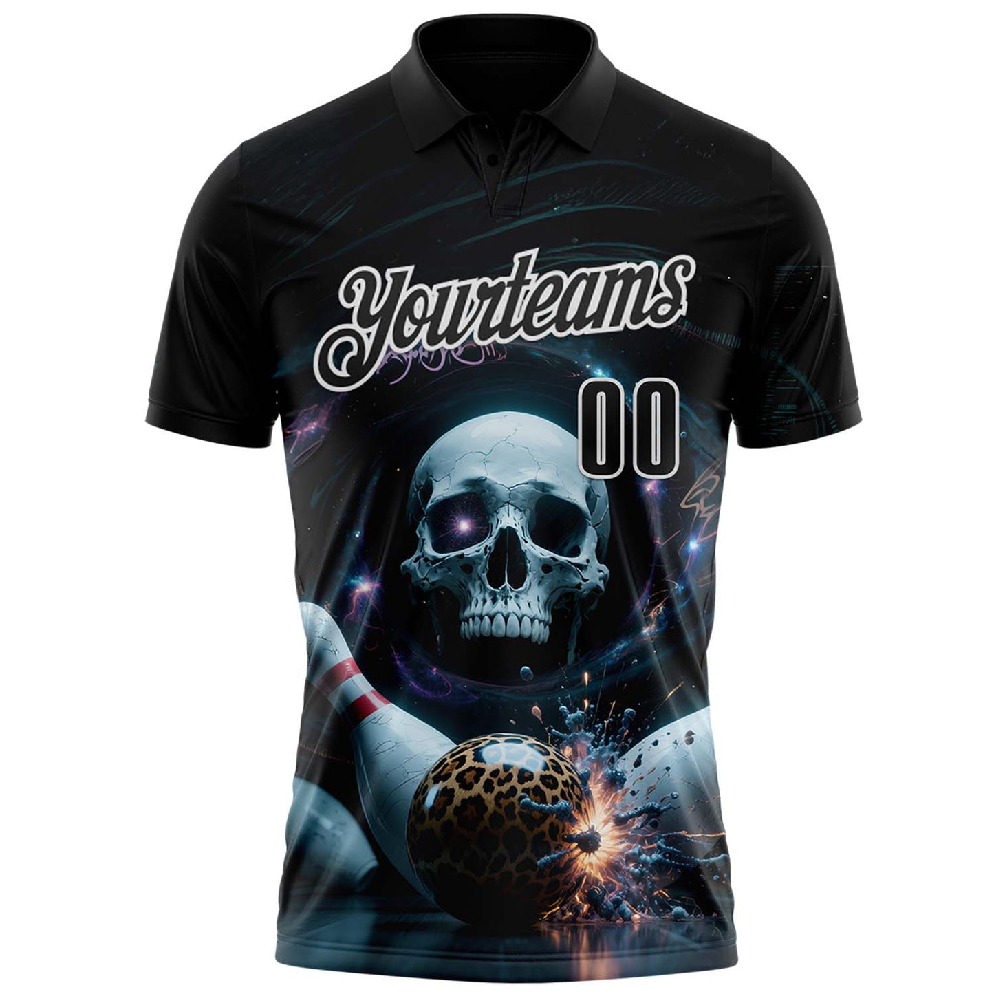 Custom Black White 3D Galaxy Leopard Print Skull Bowling Performance Polo Shirt view 2