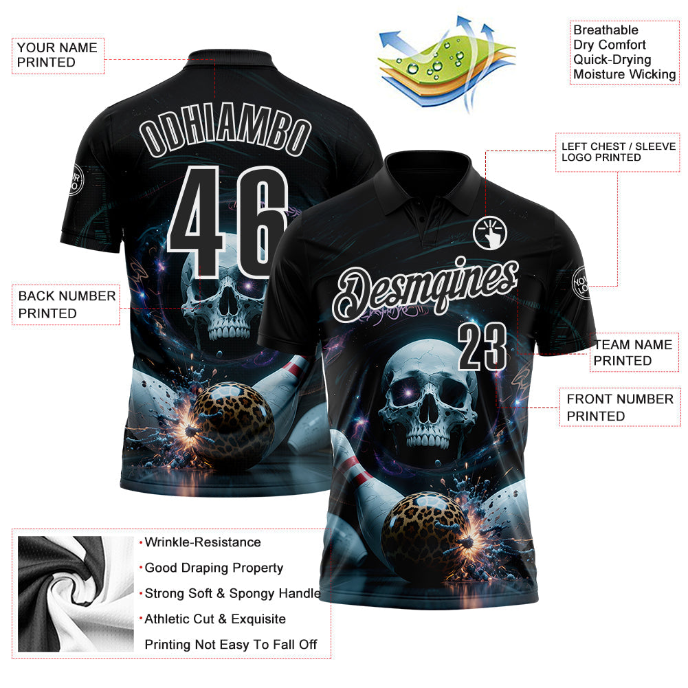 Custom Black White 3D Galaxy Leopard Print Skull Bowling Performance Polo Shirt view 3
