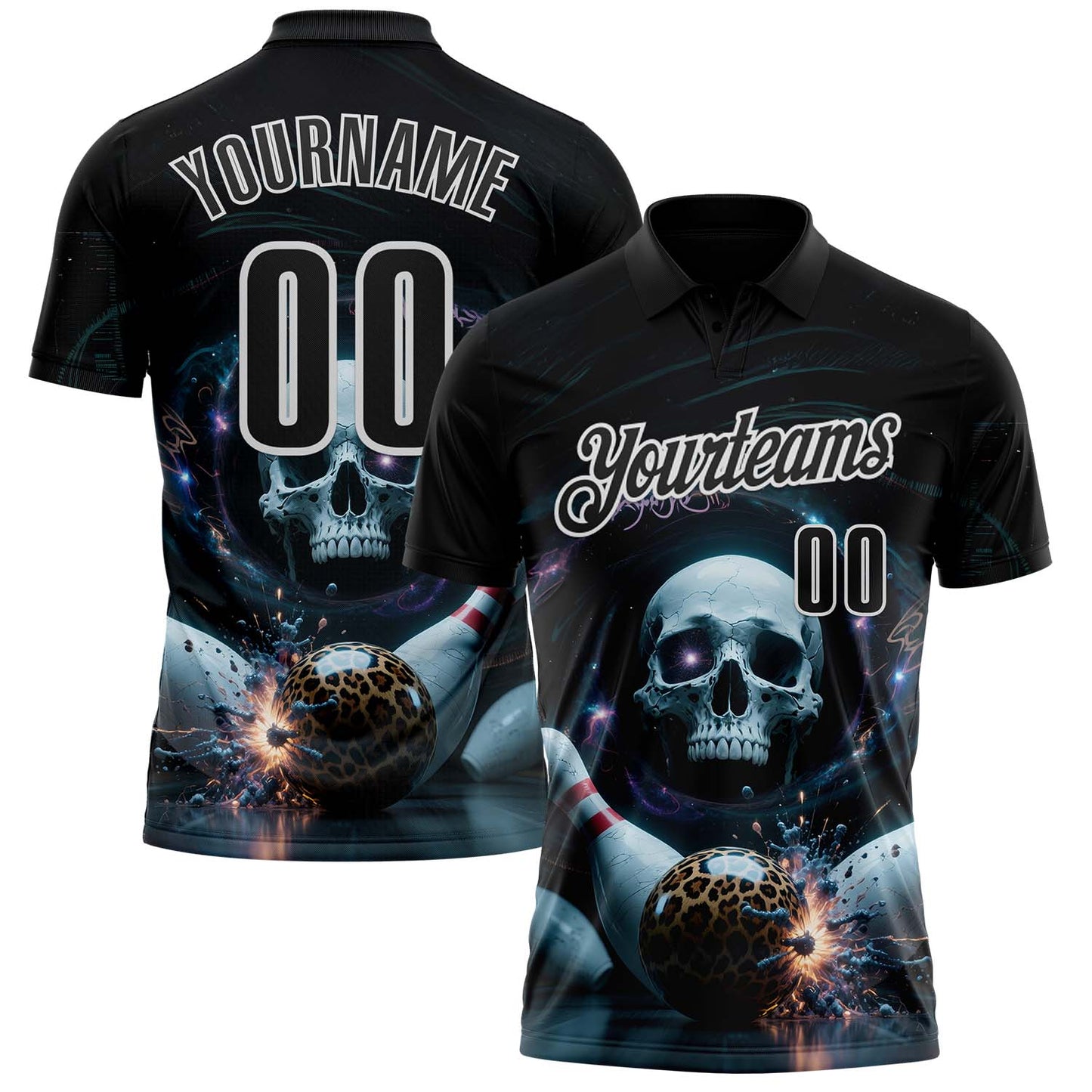 Custom Black White 3D Galaxy Leopard Print Skull Bowling Performance Polo Shirt - Main View