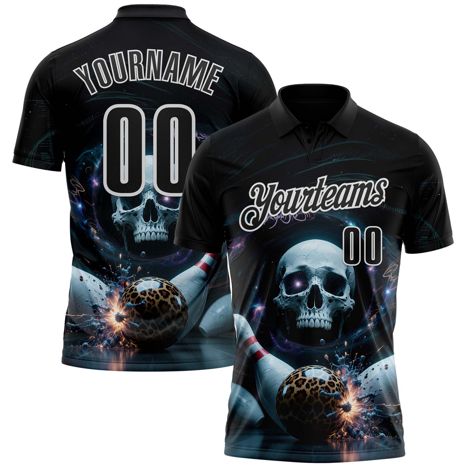 Custom Black White 3D Galaxy Leopard Print Skull Bowling Performance Polo Shirt - Main View