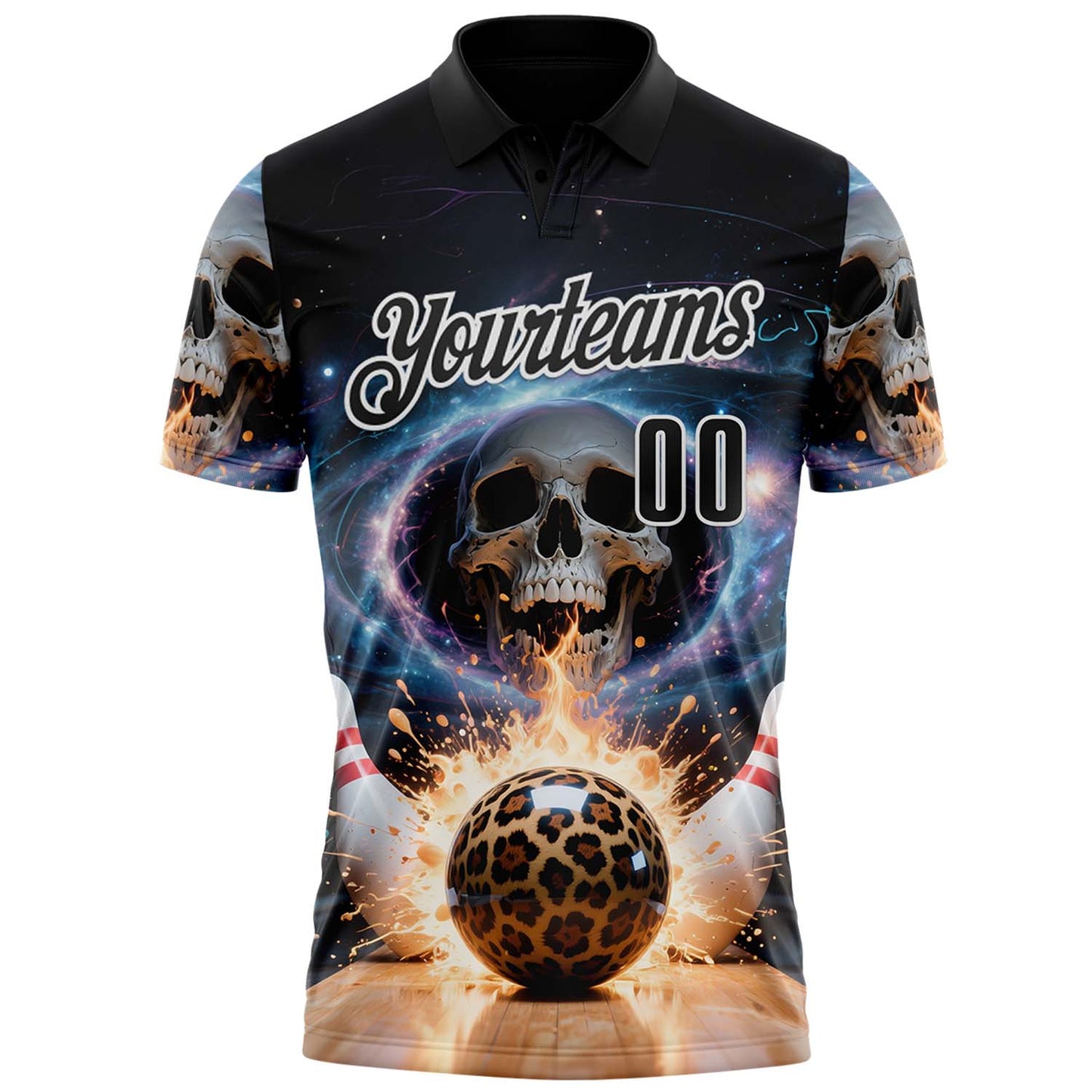 Custom Black White 3D Galaxy Splash Leopard Print Skull Bowling Performance Polo Shirt view 2