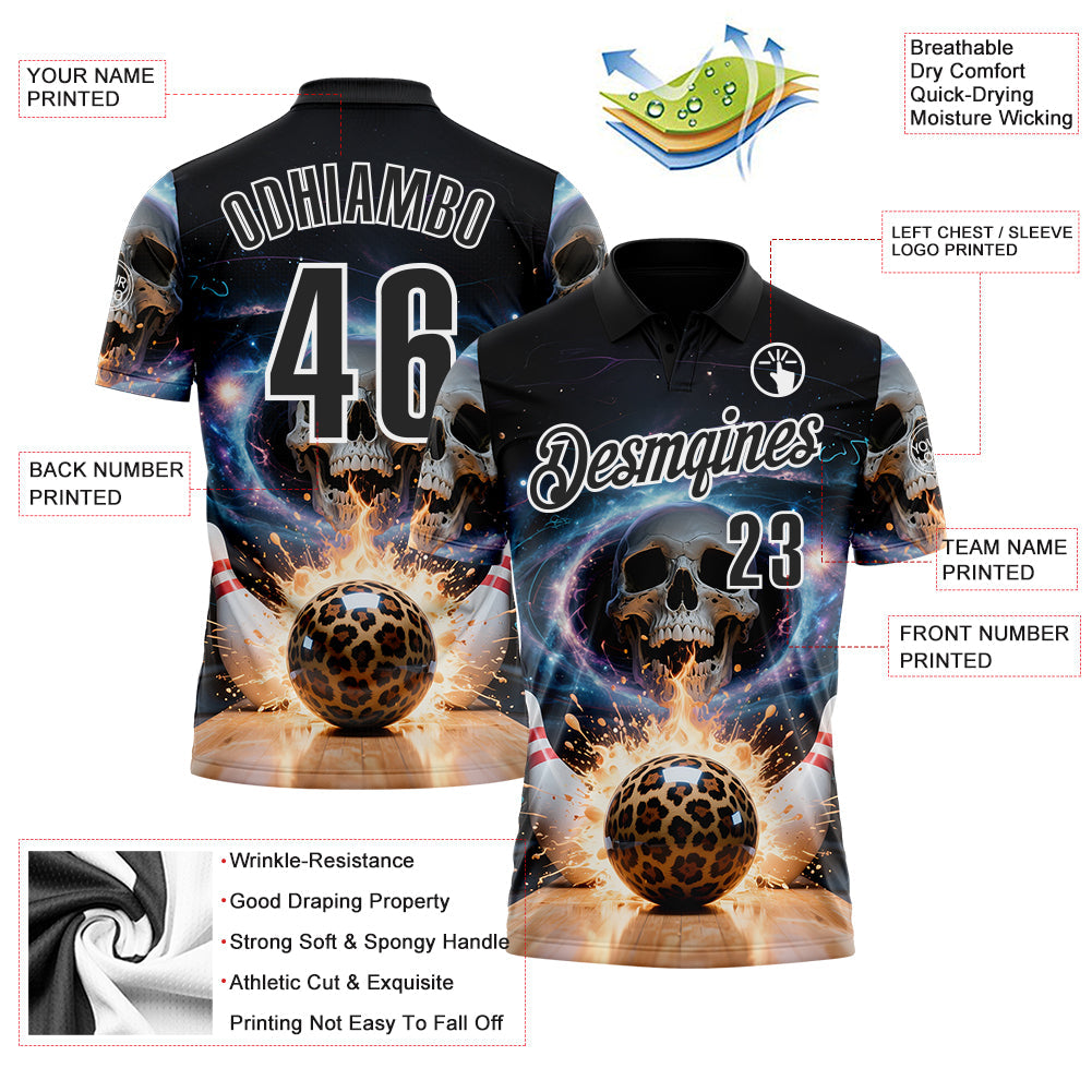 Custom Black White 3D Galaxy Splash Leopard Print Skull Bowling Performance Polo Shirt view 3