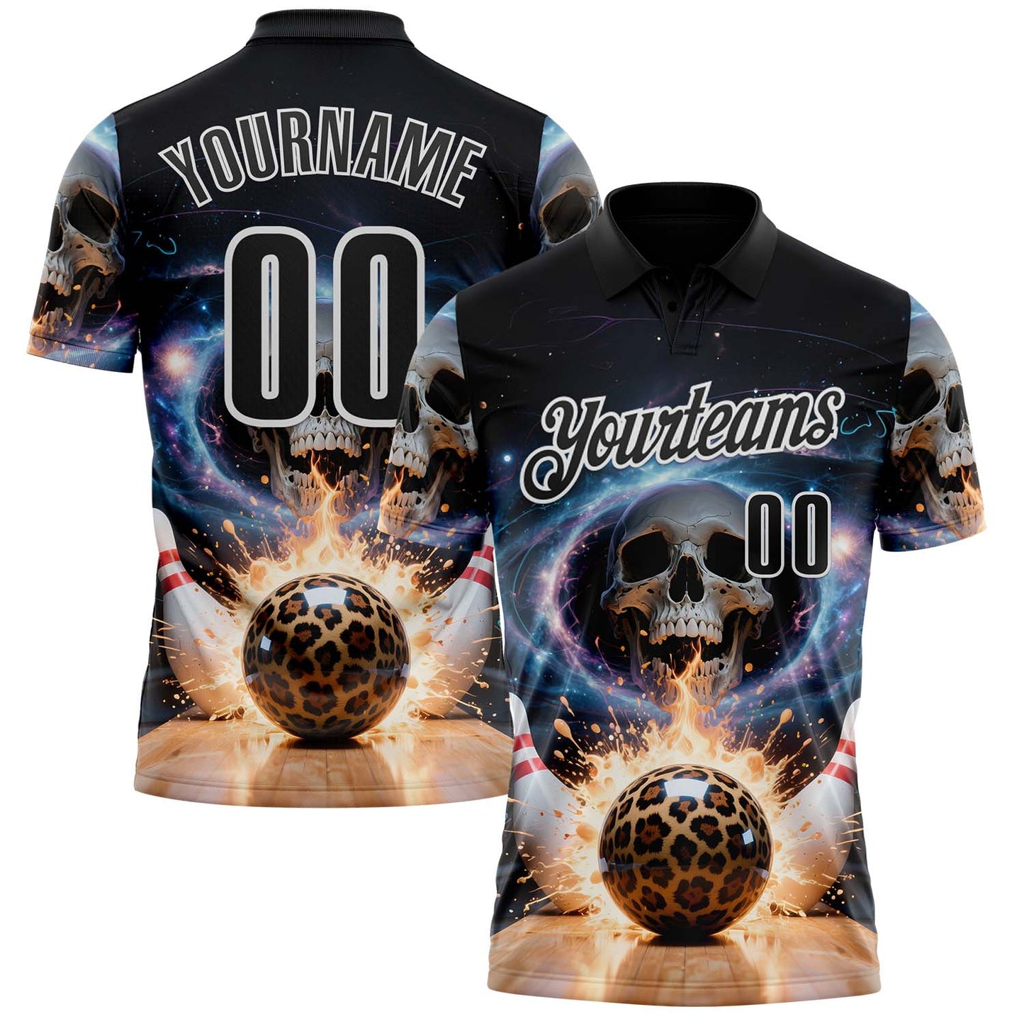 Custom Black White 3D Galaxy Splash Leopard Print Skull Bowling Performance Polo Shirt - Main View