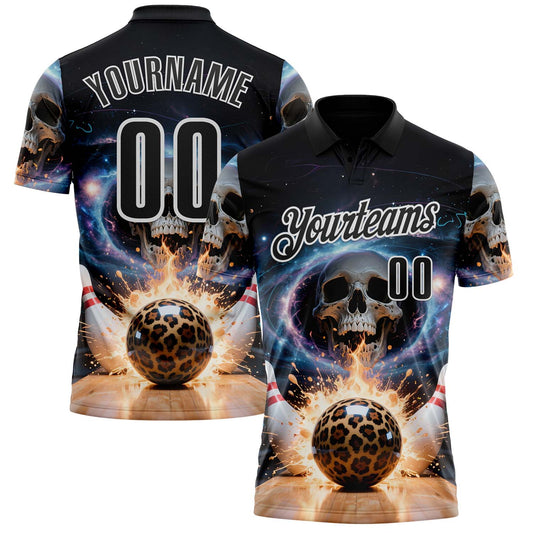 Custom Black White 3D Galaxy Splash Leopard Print Skull Bowling Performance Polo Shirt - Main View