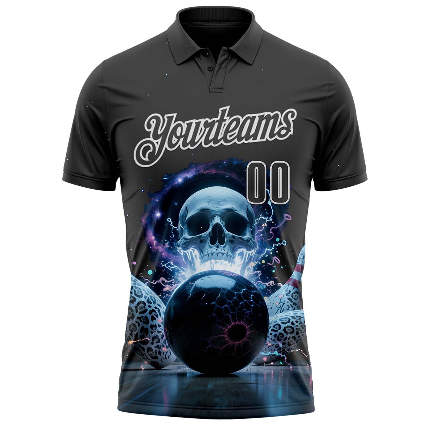 Custom Steel Gray White 3D Galaxy Leopard Print Skull Bowling Performance Polo Shirt view 2