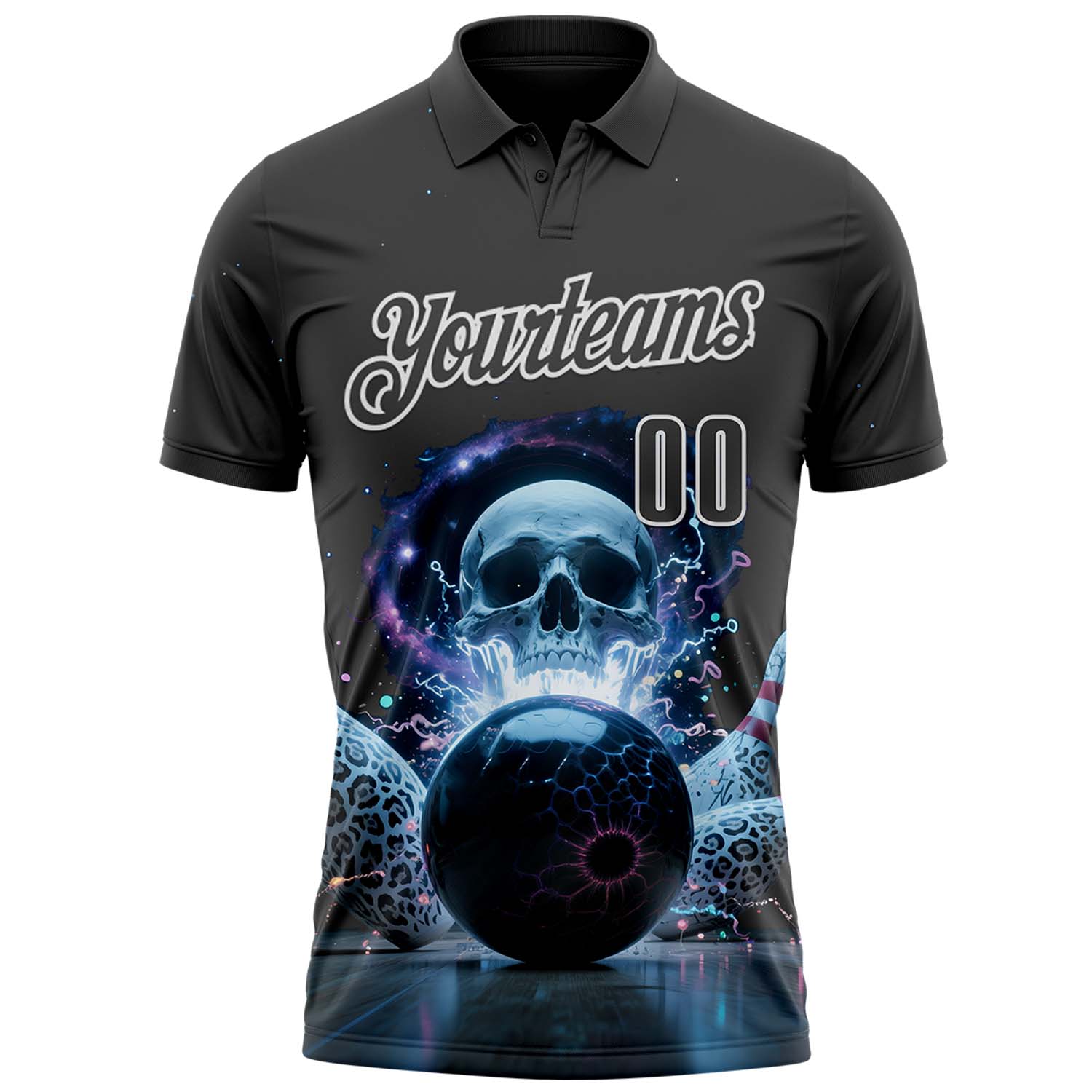 Custom Steel Gray White 3D Galaxy Leopard Print Skull Bowling Performance Polo Shirt view 2