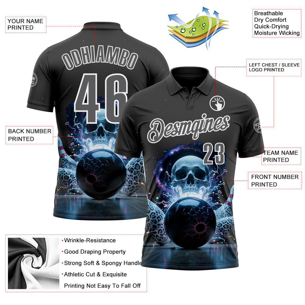 Custom Steel Gray White 3D Galaxy Leopard Print Skull Bowling Performance Polo Shirt view 3