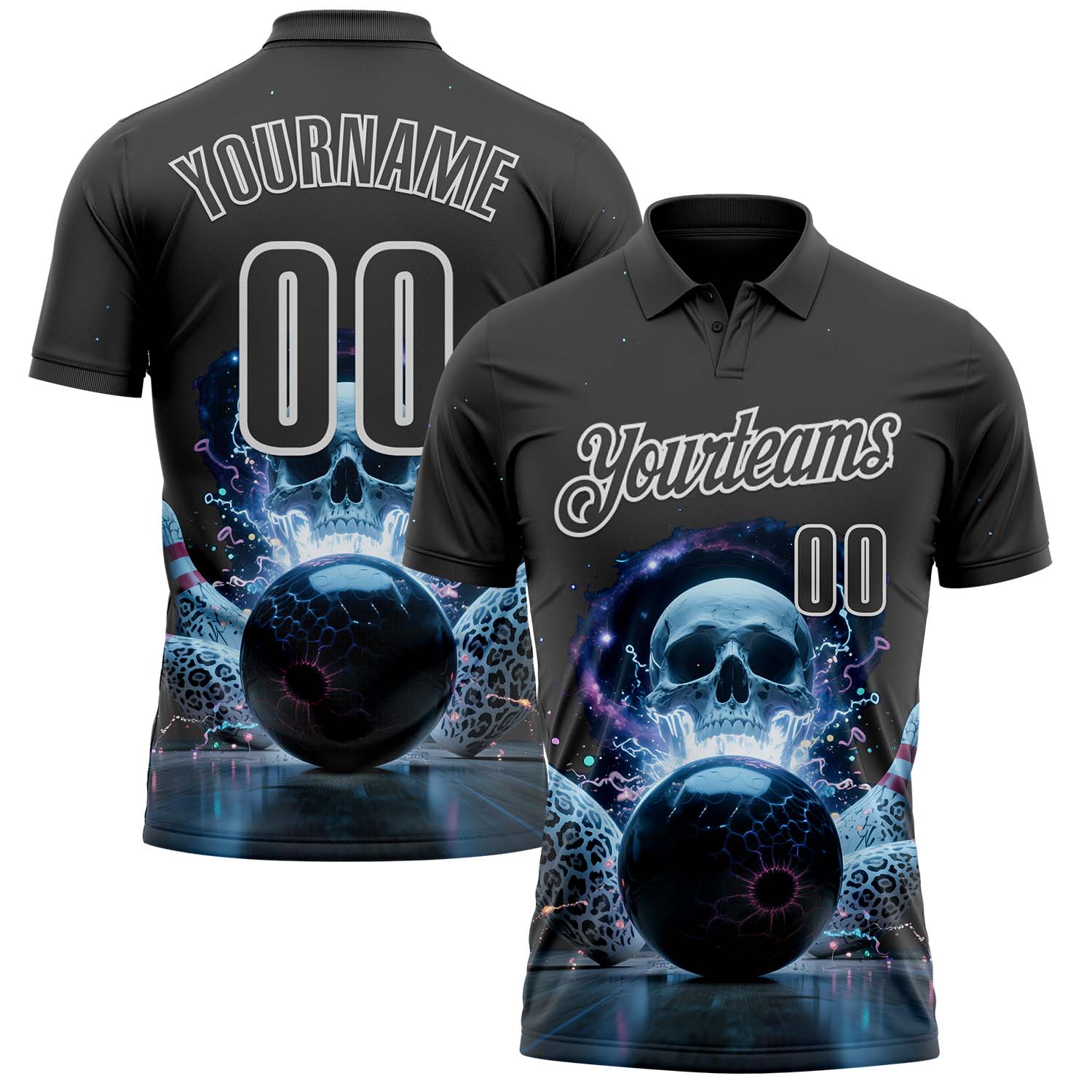 Custom Steel Gray White 3D Galaxy Leopard Print Skull Bowling Performance Polo Shirt - Main View