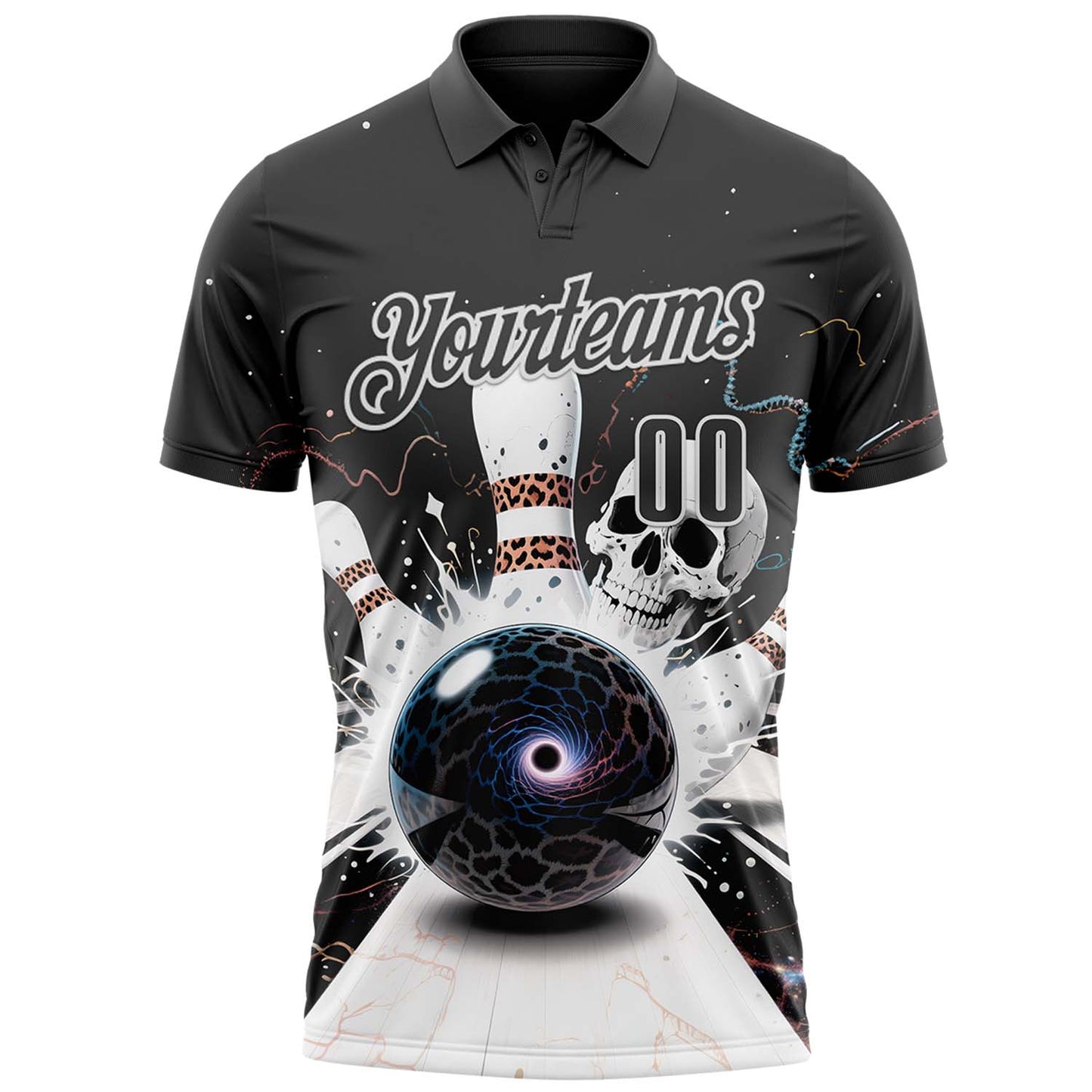 Custom Steel Gray White 3D Galaxy Leopard Print Skull Bowling Performance Polo Shirt view 2