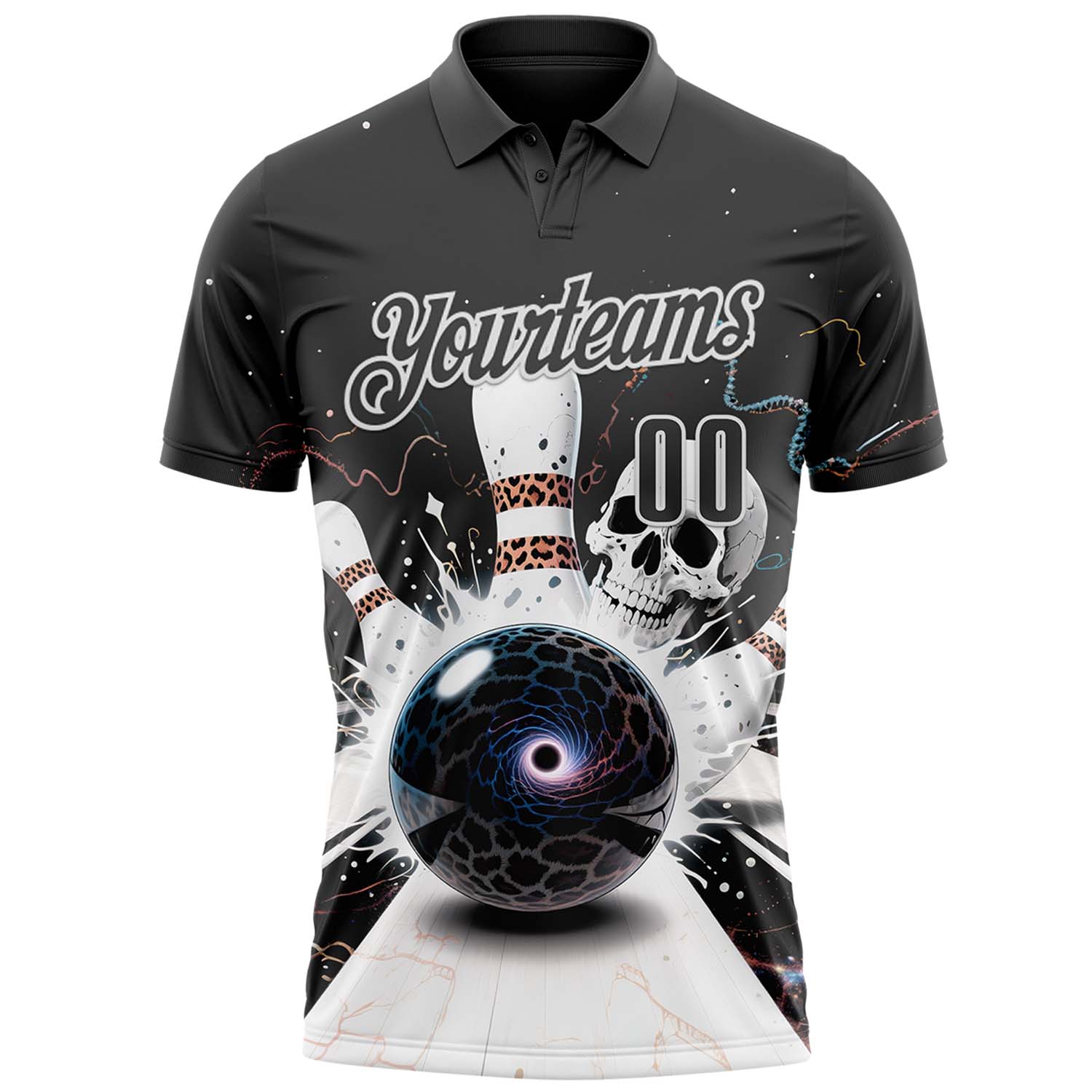Custom Steel Gray White 3D Galaxy Leopard Print Skull Bowling Performance Polo Shirt view 2