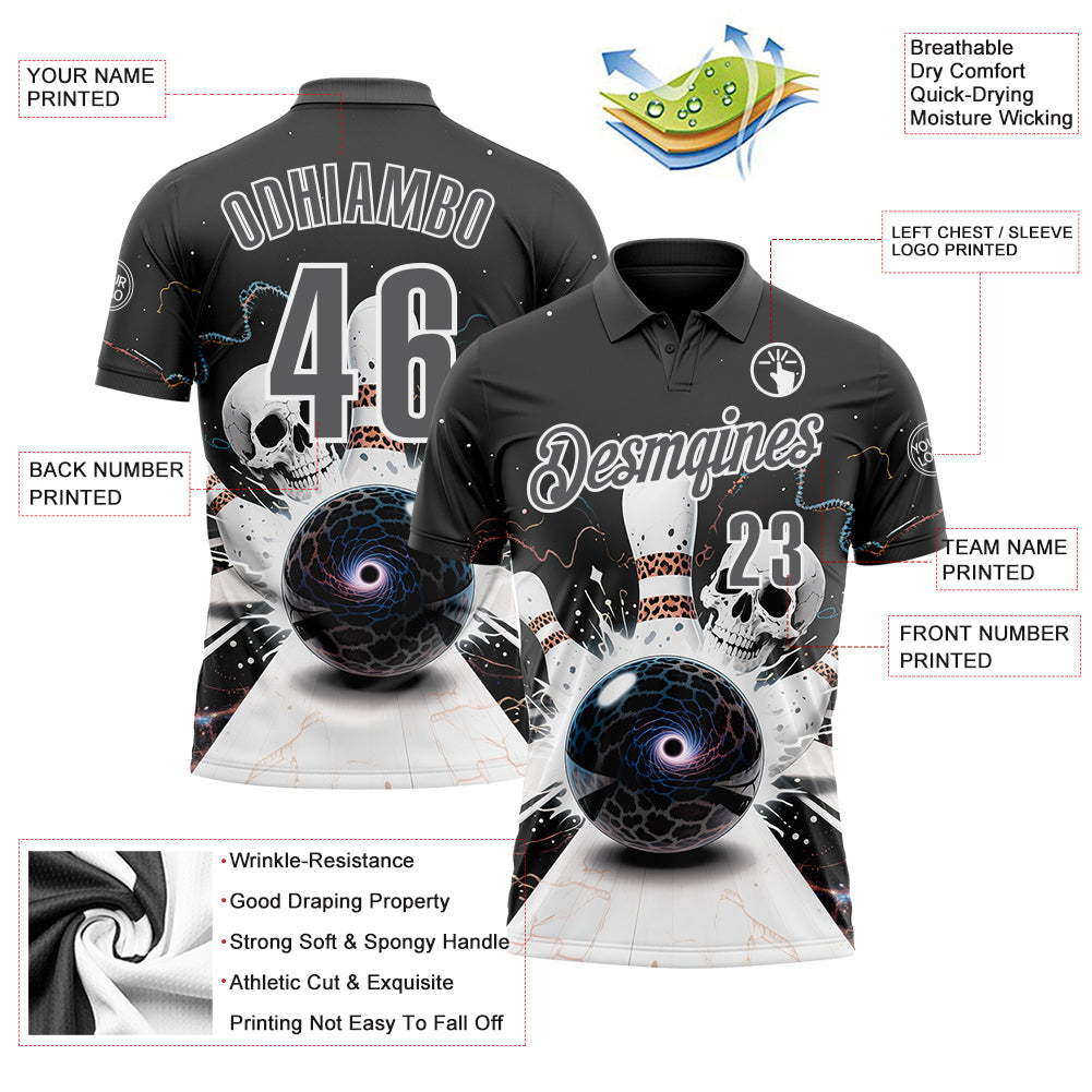 Custom Steel Gray White 3D Galaxy Leopard Print Skull Bowling Performance Polo Shirt view 3