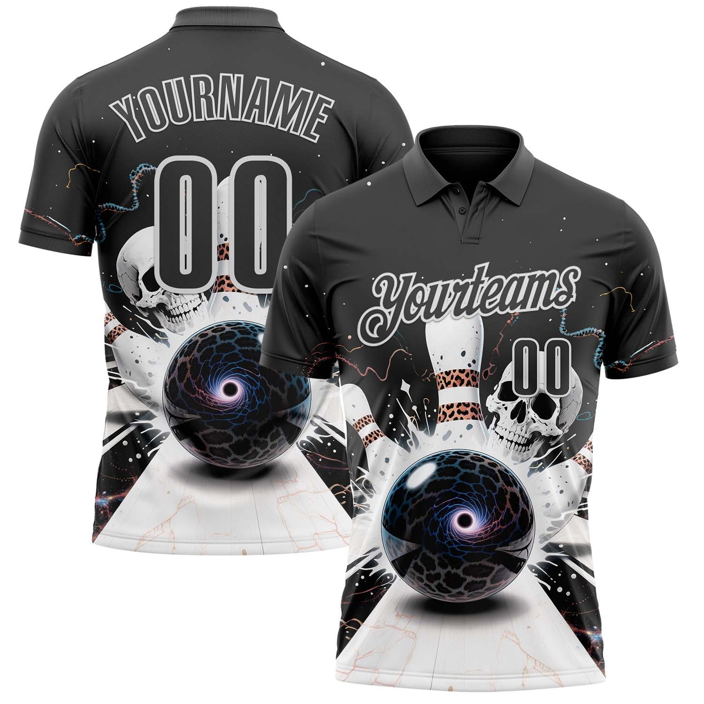 Custom Steel Gray White 3D Galaxy Leopard Print Skull Bowling Performance Polo Shirt - Main View