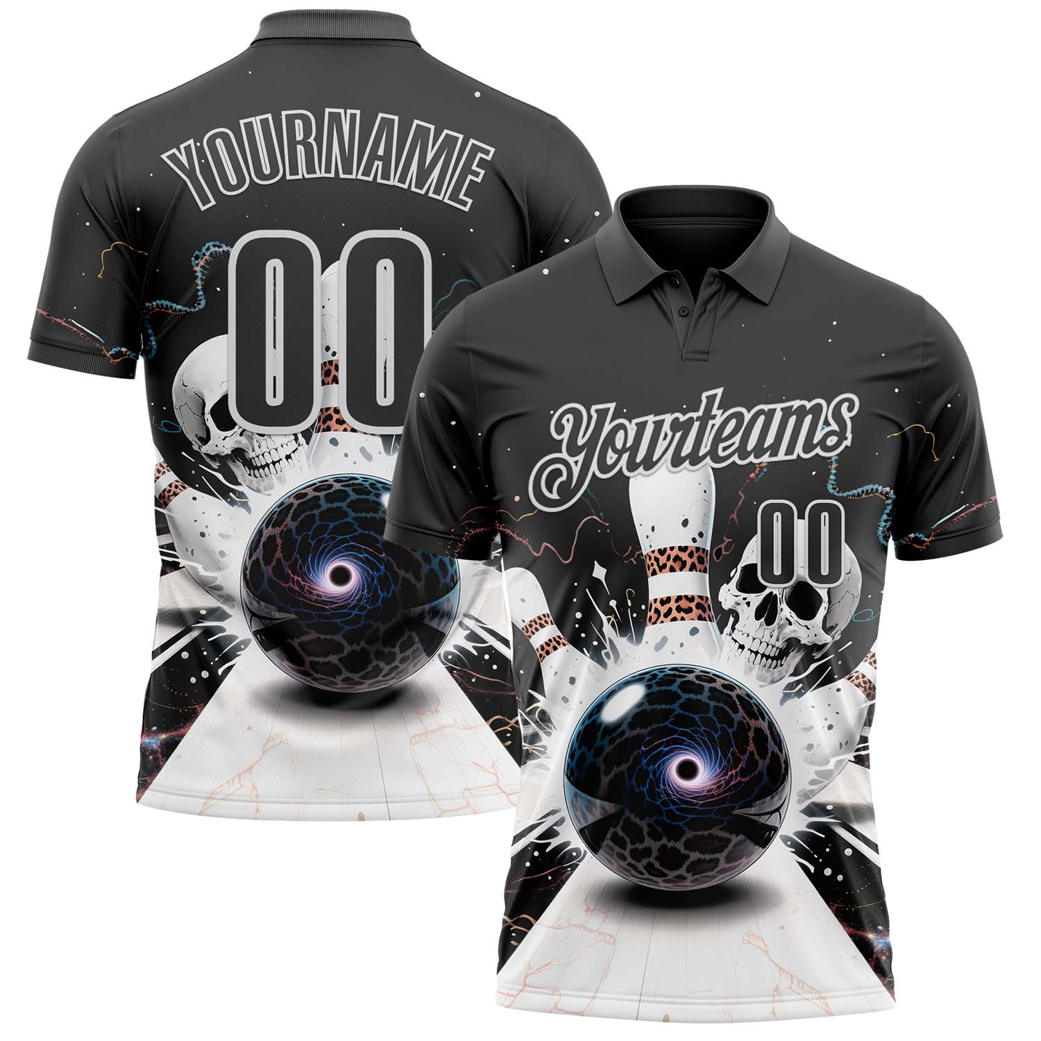 Custom Steel Gray White 3D Galaxy Leopard Print Skull Bowling Performance Polo Shirt - Main View