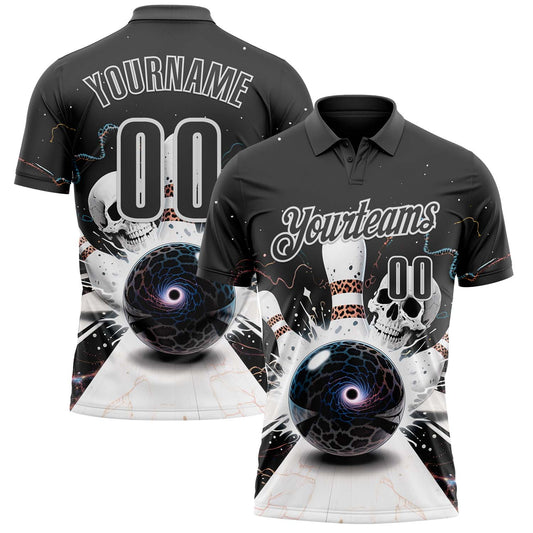 Custom Steel Gray White 3D Galaxy Leopard Print Skull Bowling Performance Polo Shirt - Main View