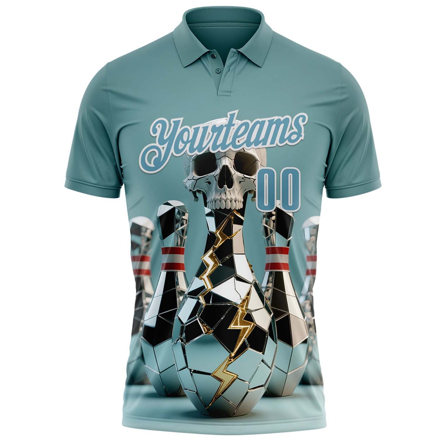 Custom Shadow Blue White 3D Shattered Mirror Skull Bowling Performance Polo Shirt view 2