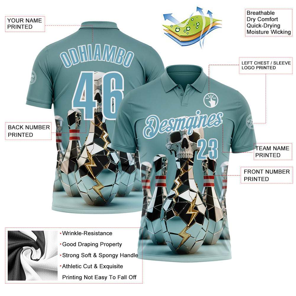 Custom Shadow Blue White 3D Shattered Mirror Skull Bowling Performance Polo Shirt view 3