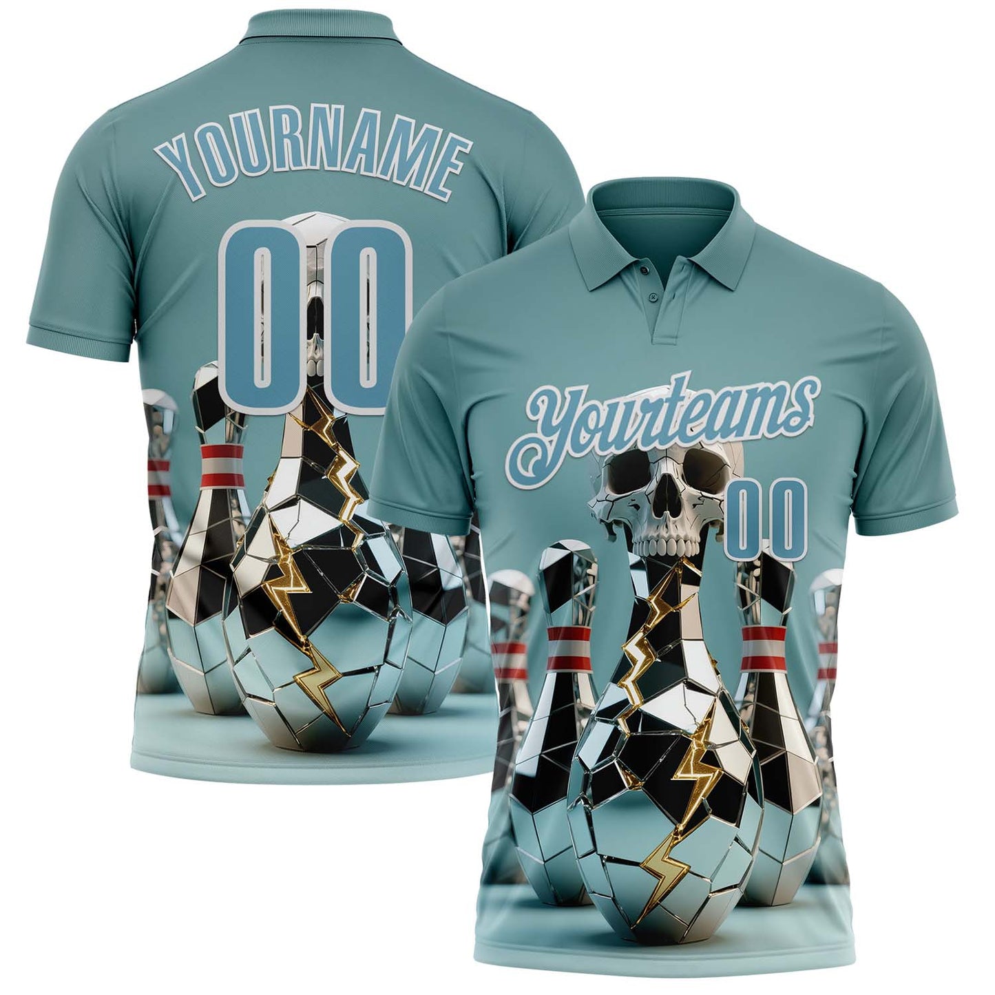 Custom Shadow Blue White 3D Shattered Mirror Skull Bowling Performance Polo Shirt - Main View