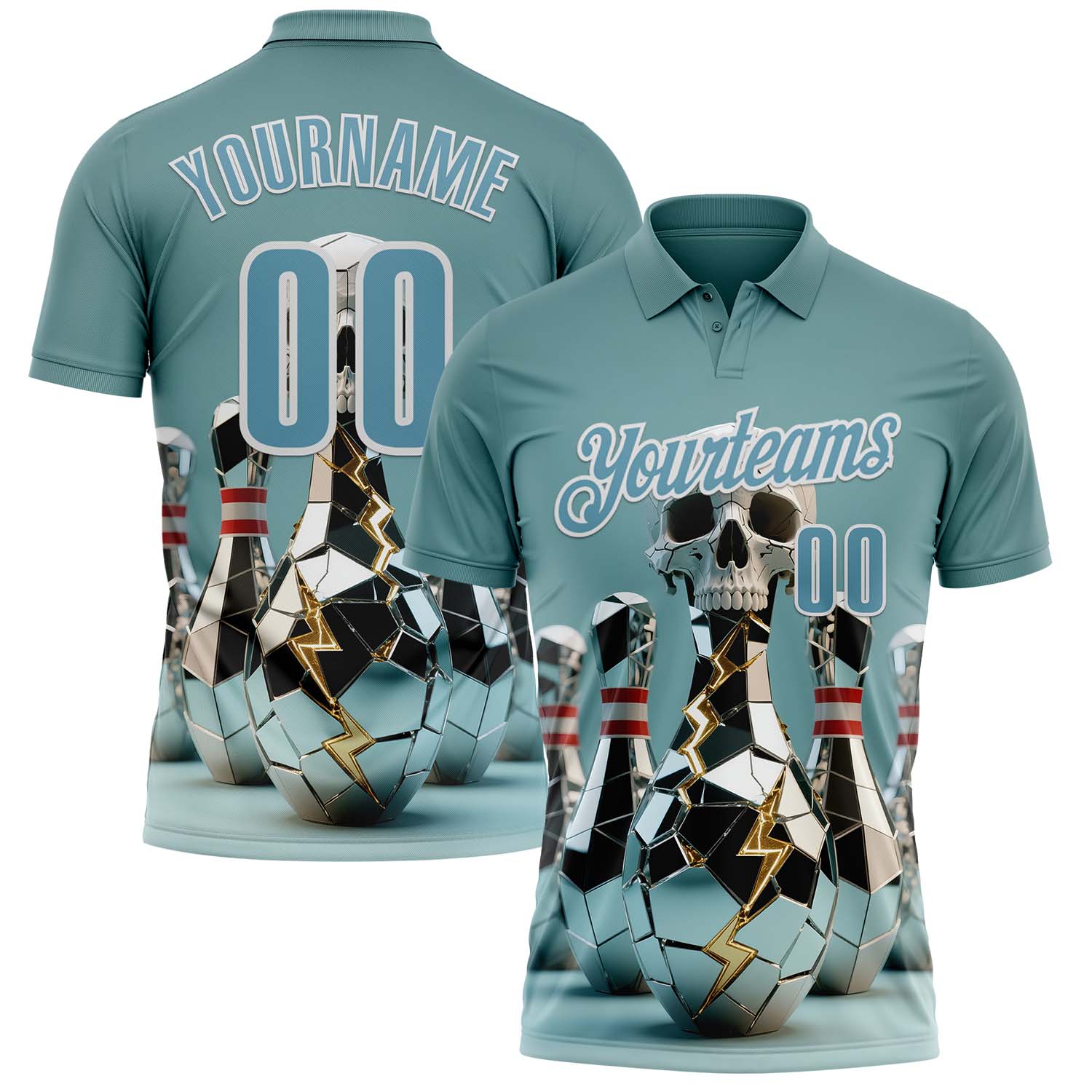 Custom Shadow Blue White 3D Shattered Mirror Skull Bowling Performance Polo Shirt - Main View