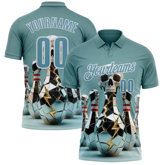 Custom Shadow Blue White 3D Shattered Mirror Skull Bowling Performance Polo Shirt - Main View