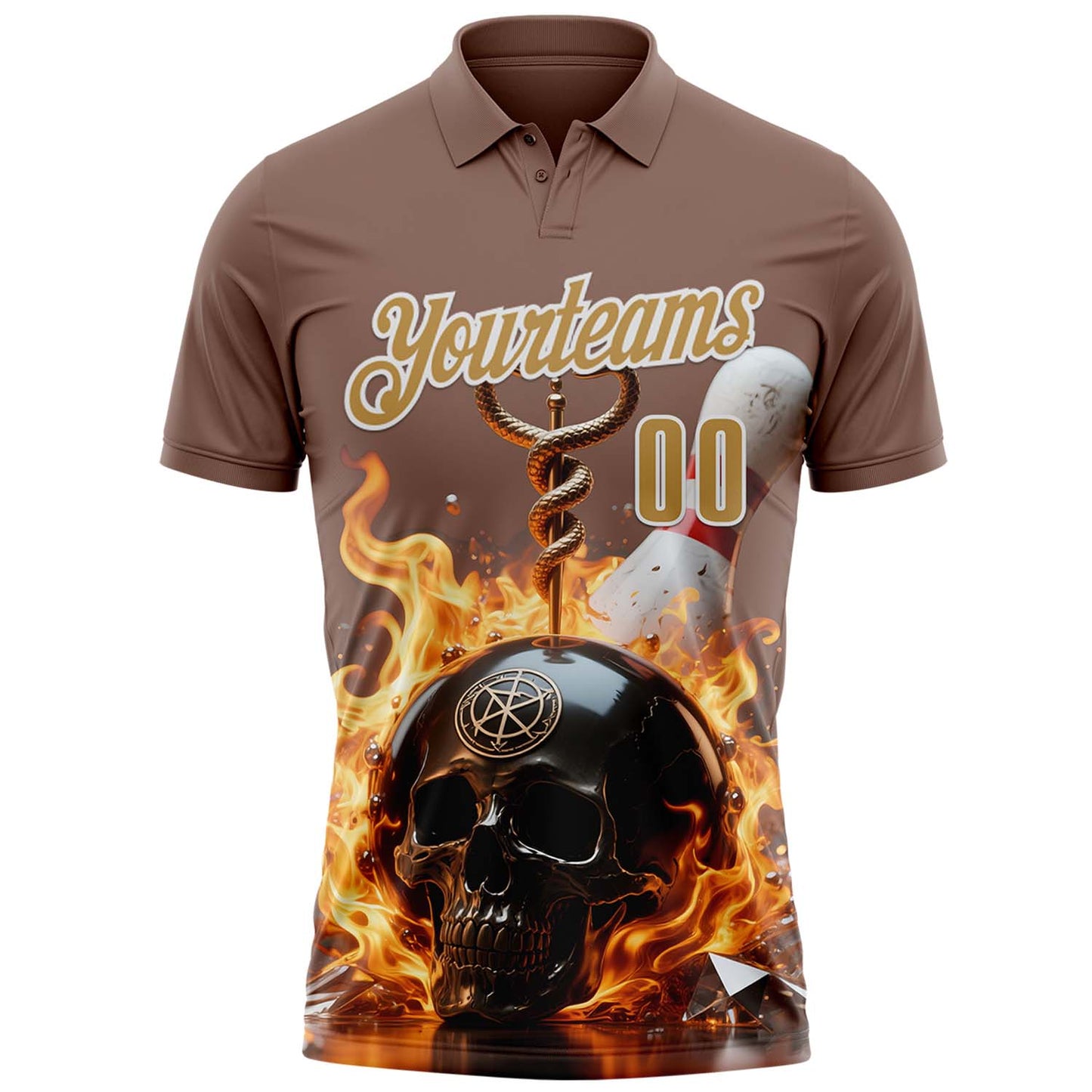 Custom Brown Old Gold-White 3D Flame Skull Bowling Performance Polo Shirt view 2