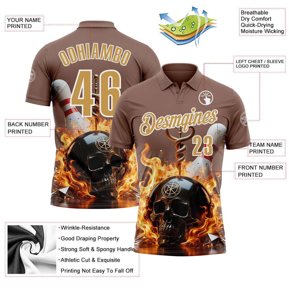 Custom Brown Old Gold-White 3D Flame Skull Bowling Performance Polo Shirt view 3