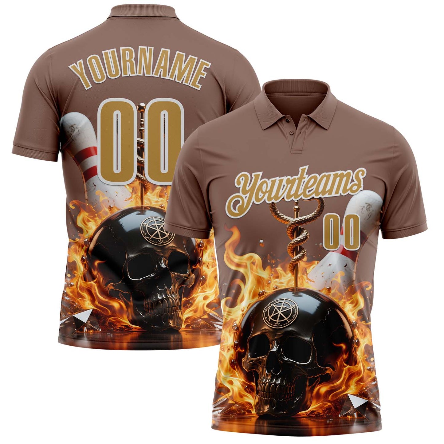 Custom Brown Old Gold-White 3D Flame Skull Bowling Performance Polo Shirt - Main View